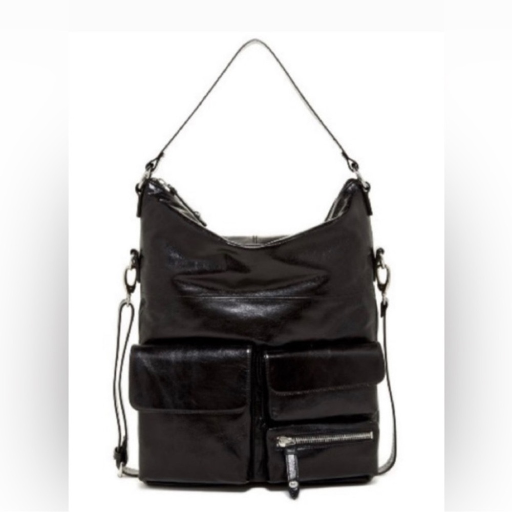 HOBO International Black Leather‎  Shoulder Bag Fold Over Top Pockets Handbag